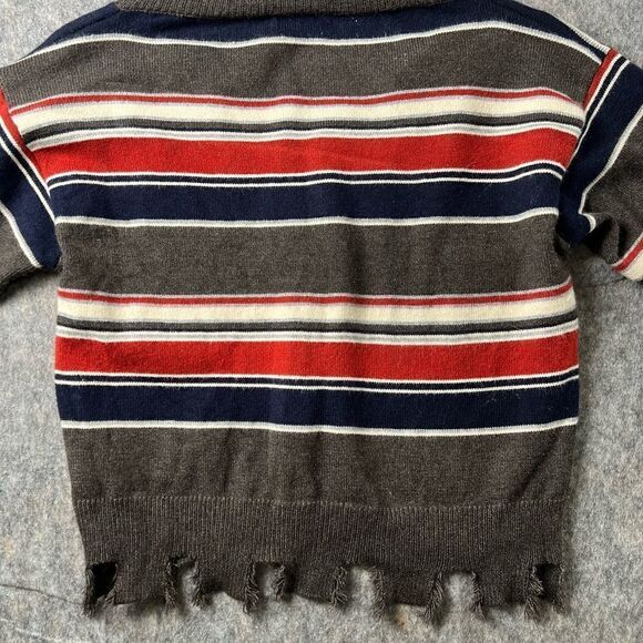 POL Distressed Dropped Shoulder V-Neck Striped Sweater  Grey Red Blue S #123 - Picture 7 of 7